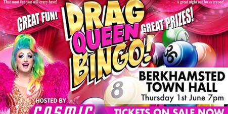 Event flyer for Drag Queen Bingo Thursday 1st June 7pm at Berkhamsted Town Hall